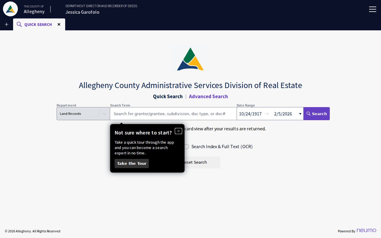 Plum street directory view of the Allegheny County official deed index