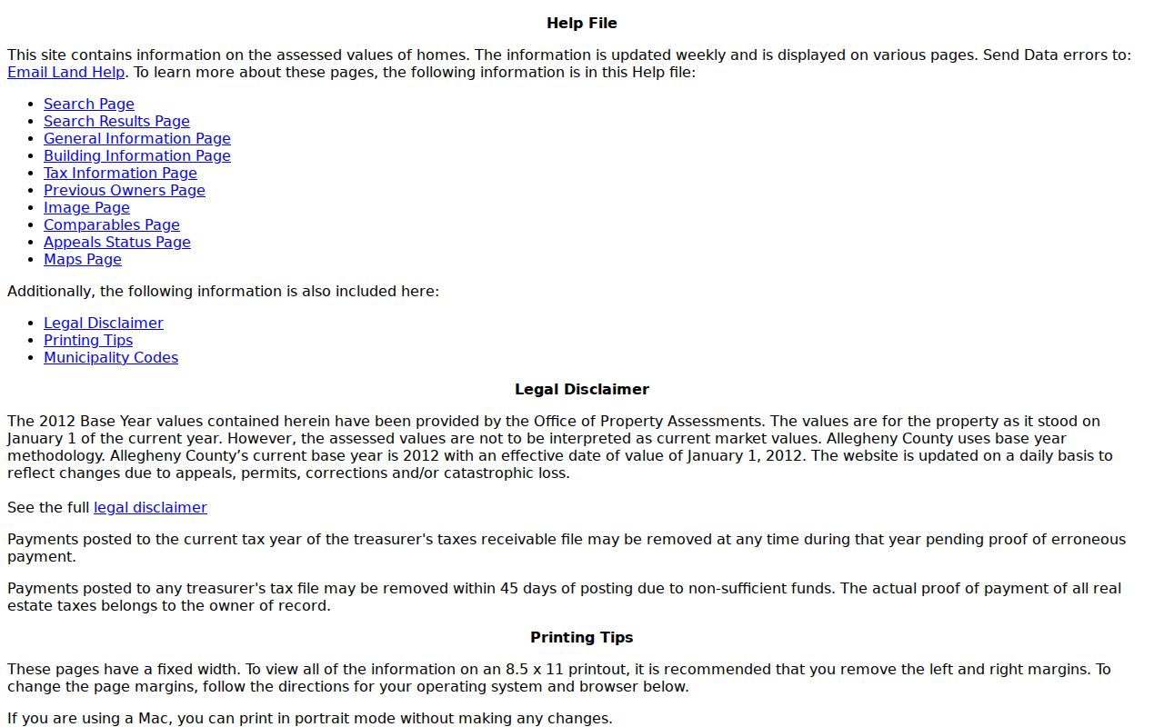 Plum street directory reference to the Allegheny Real Estate Portal help file