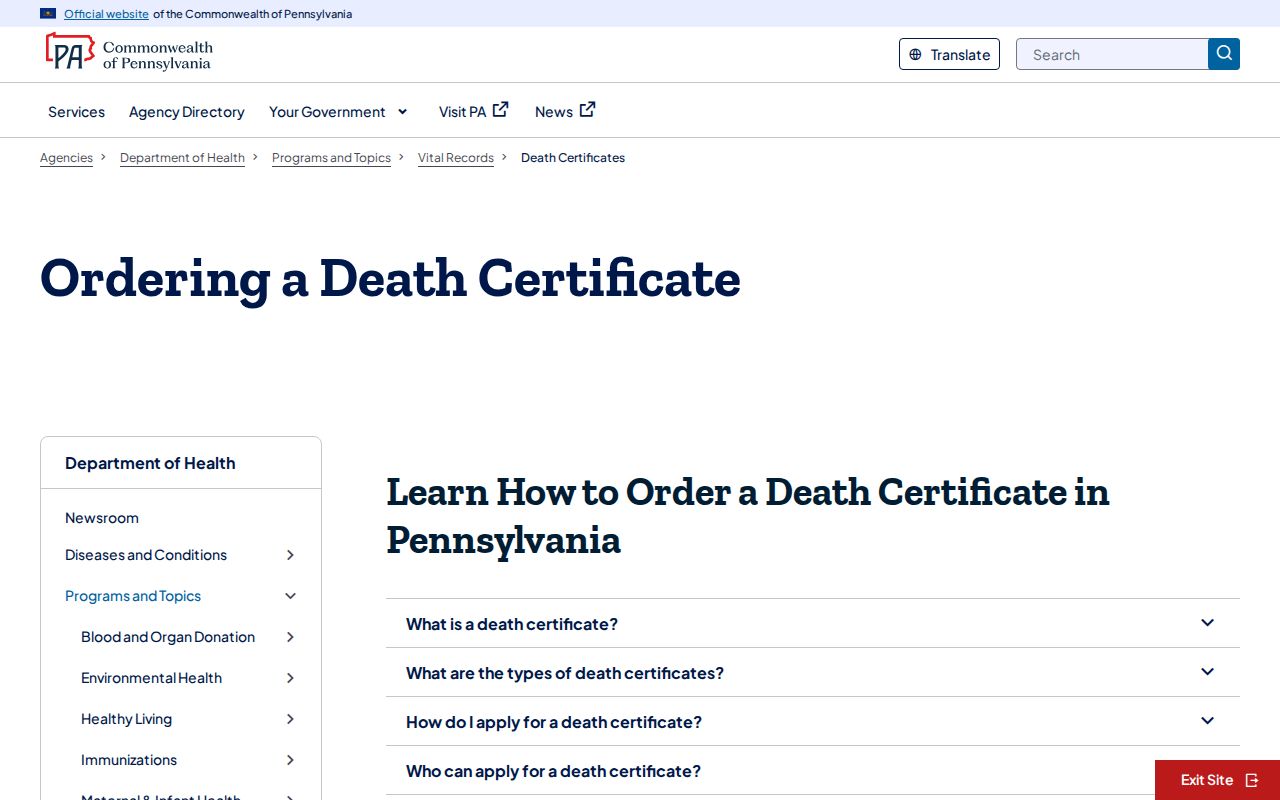 Plum resident lookup through Pennsylvania death certificate ordering