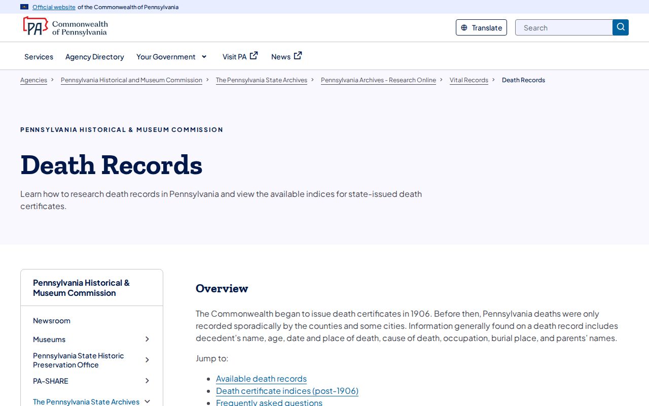Plum resident lookup using Pennsylvania State Archives death records