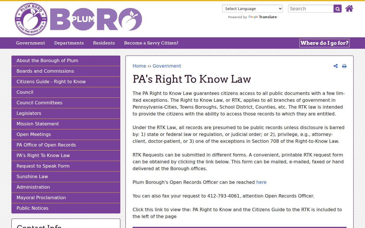 Plum resident lookup through the Plum Right-to-Know Law route