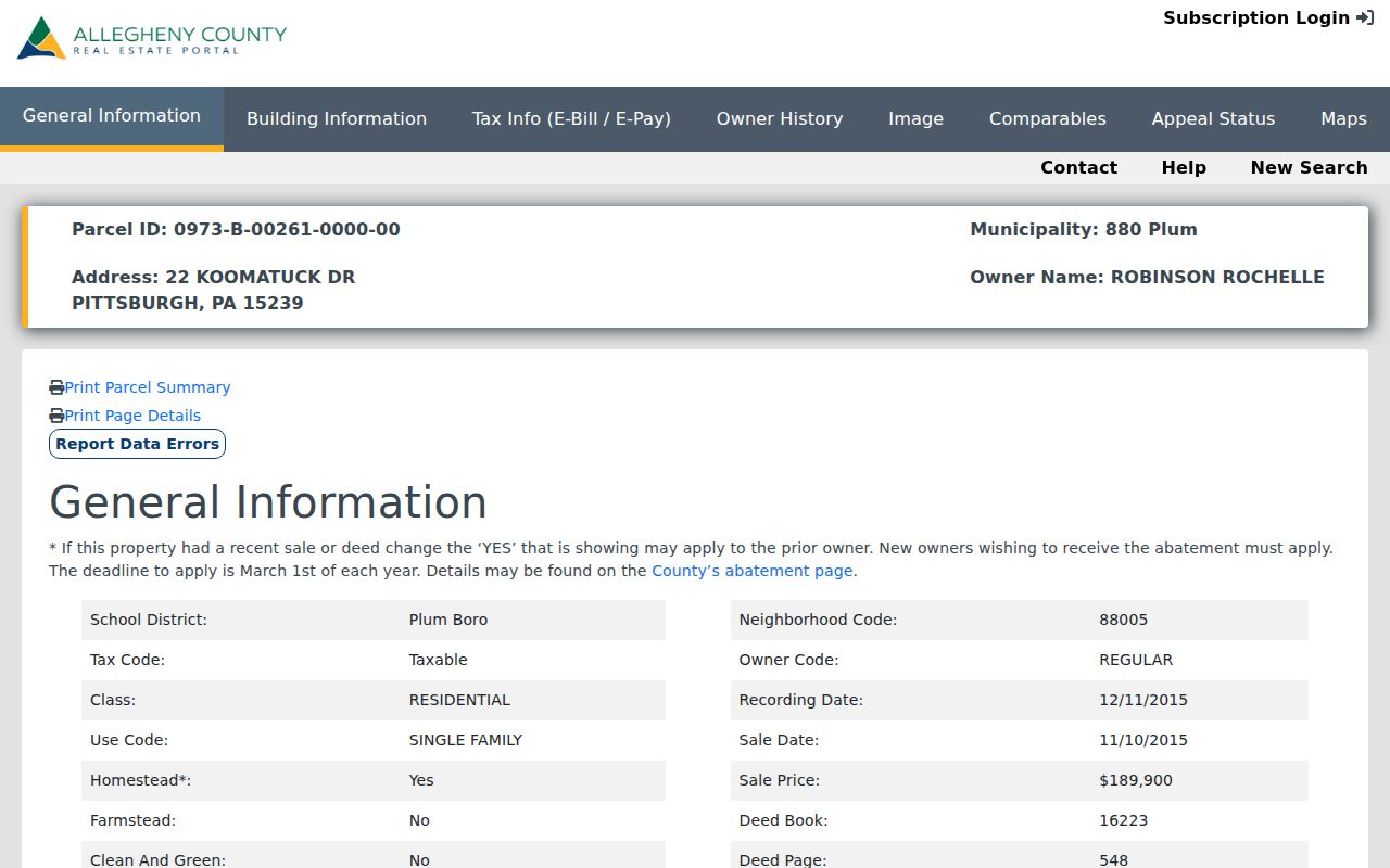 Plum previous residents Allegheny County parcel record